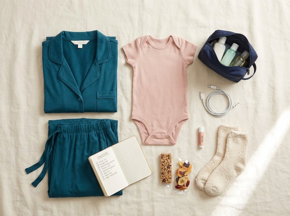 Hospital bag essentials laid out - teal scrubs, pink baby clothes, and packing items