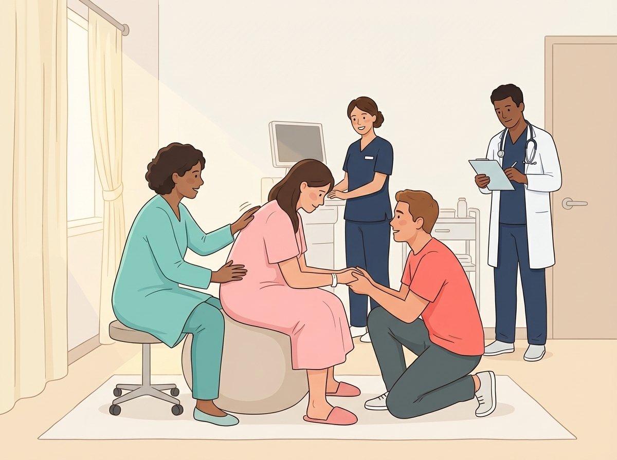 Doula supporting expectant mother during labor with hands-on care