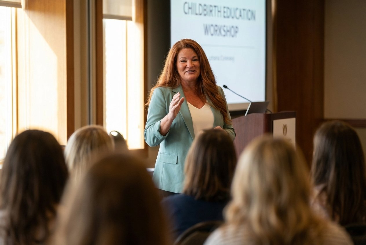 Kim Heathcote speaking at childbirth education workshop, engaging with expecting parents