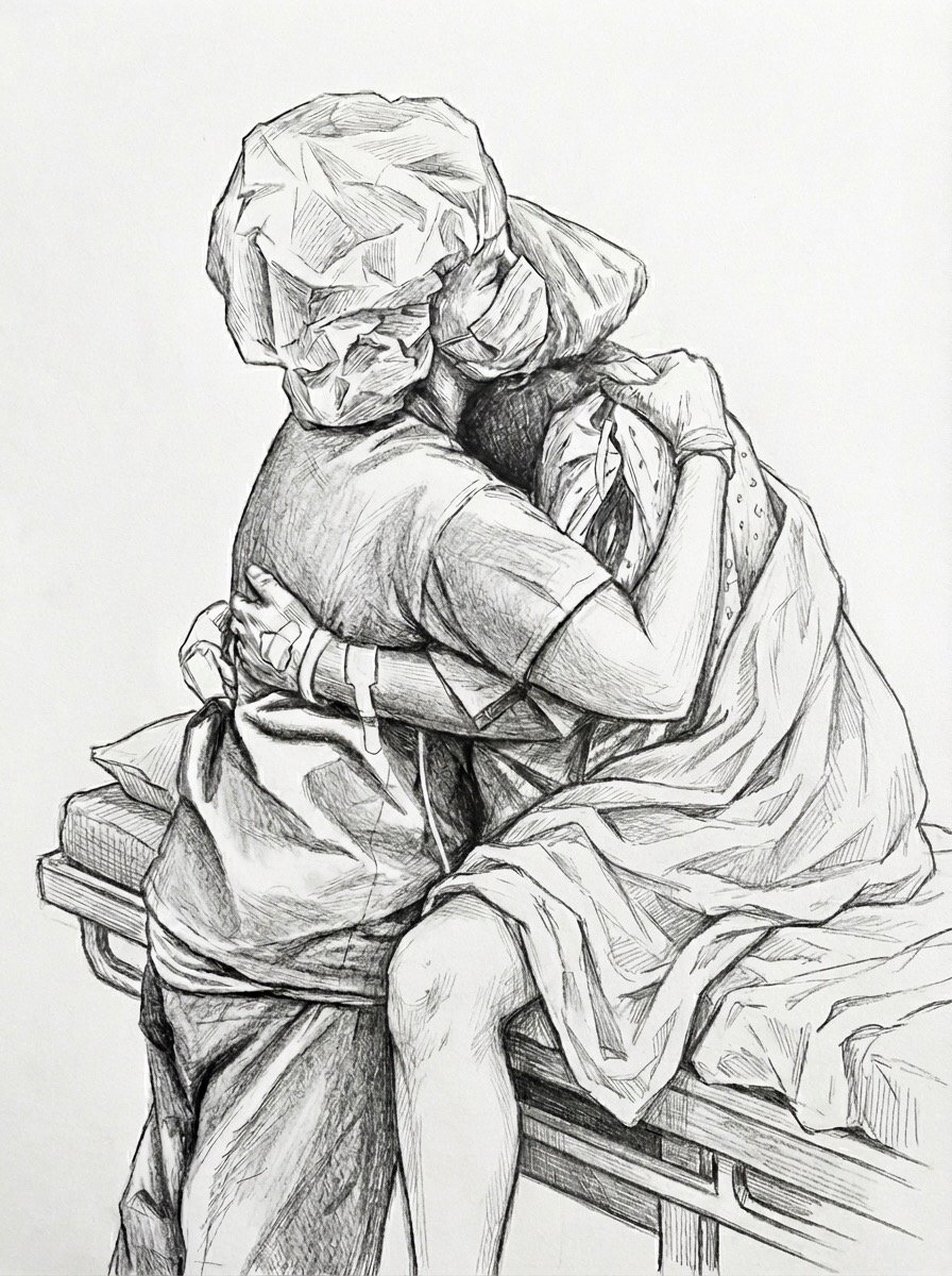 Hospital bag essentials laid out - teal scrubs, pink baby clothes, and packing items